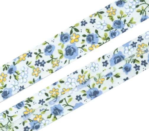 Косая бейка SAFISA с цветами, 20мм, цвет 02, голубой/синий/лимонный