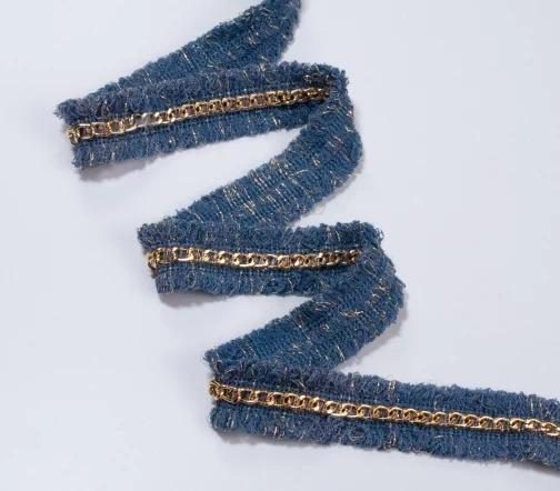 Тесьма тип Chanel с золотой цепочкой, 25 мм, цвет синий джинс