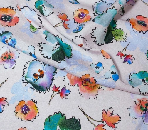 Шелк креповый "Стилизованные цветы", фон жемчужный, 02116