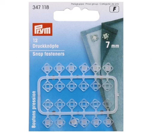 347118 Кнопки пришивные квадратные, пластик, прозрачные, 7 мм, 12 шт., Prym