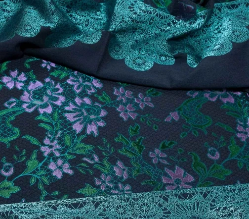 Жаккард купон "Цветы фиолетовые с бирюзовой каймой", фон темно-синий, 01949к-4