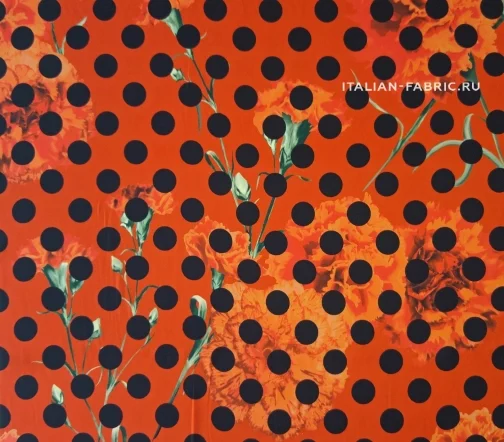 Шелк креповый "Гвоздики", фон оранжевый, 00702-2