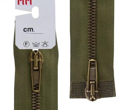 Молния RiRi металл разъём, 2 замка 5 мм 70 см, подвеска АТ, цепь антик медь, цвет 2827, хаки