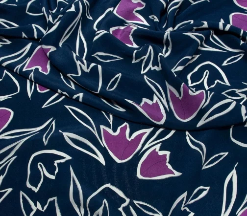 Крепдешин "Графичные цветы", фон синий, 1062201