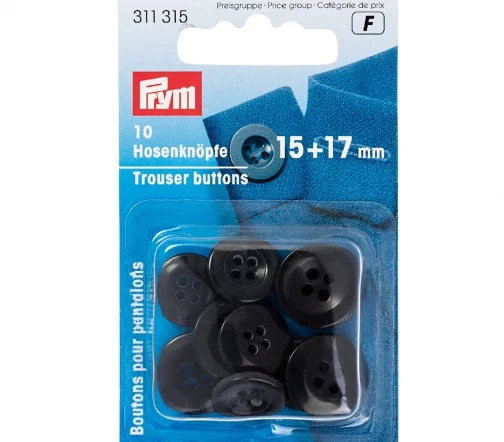 311315 Пуговицы для брюк, 4 отв., 15мм - 5шт., 17мм - 5шт., пластик, цвет черный, Prym