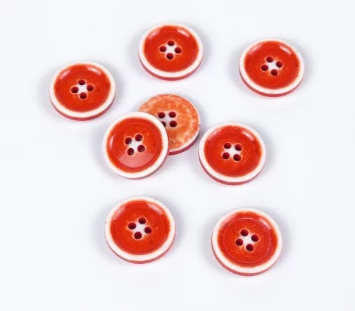 Пуговица, 4отв., пластик, цв. алый/белый, 15 мм