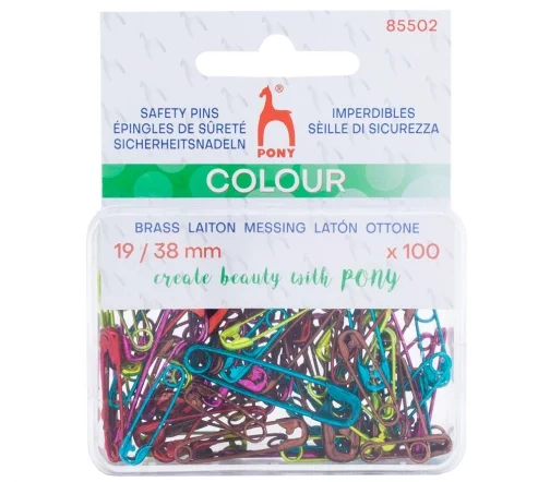 Булавки английские 19/38 мм, латунь, цветные, 100 шт., пластик.контейнер, PONY 85502