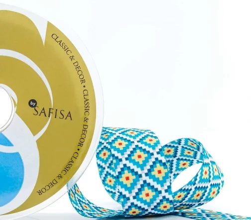 Тесьма ременная декоративная SAFISA "Ромбы", 100% полиэстер, ширина 30 мм, цвет 01, морская волна