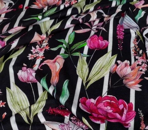 Трикотаж вискозный "Парад цветов", фон черный, 1122109