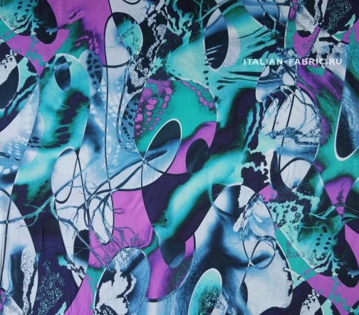 Шелк атласный "Геометрическая абстракция", цвет бирюзовый/фиолетовый, 00682