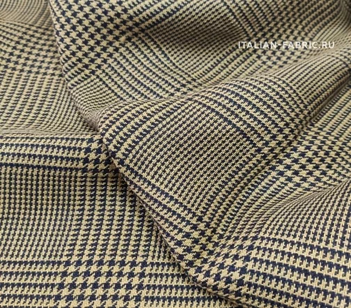 Лен костюмный в темно-синюю клетку "гленчек", фон песочный, 1062125