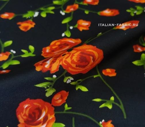 Шелк атласный "Красные розы на черном", 02136