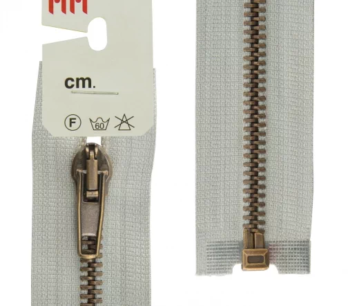 Молния RiRi металл разъем, 1 замок 5 мм 75 см, подвеска АТ, цепь антик медь, цвет 2118, светло-серый