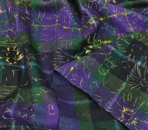 Ткань костюмная с накатом "Клетка с золотыми цветами", цвет фиолет/зелен/серый, 1092029-3