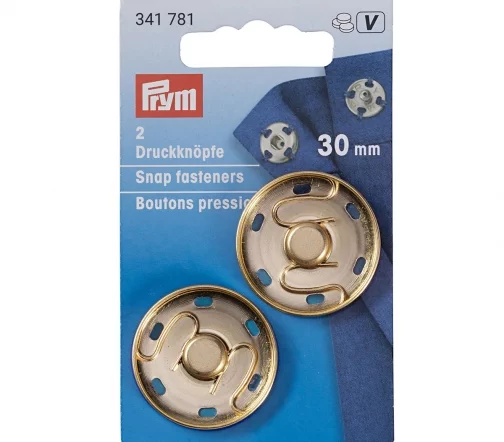 341781 Кнопки пришивные, латунь, 30 мм, цвет светлое золото, 2 шт., Prym
