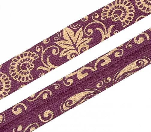 Косая бейка SAFISA с орнаментом, 20мм, цвет 04, бордо/золото