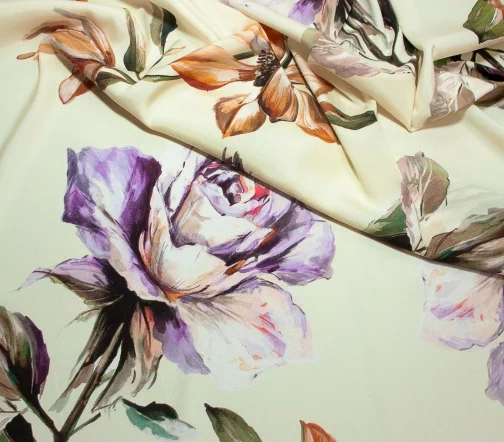 Шелк креповый "Розы и лилии на кремовом", 00874-2