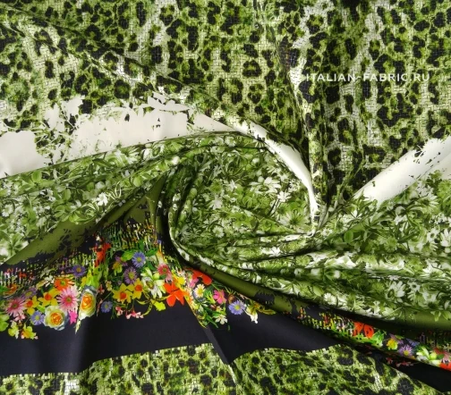 Сатин стрейч купон "Зеленые цветы", 00331к-2