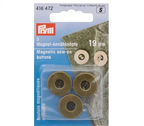 416472 Магнитные пуговицы пришивные, 19мм, цвет состаренной латуни, 3 шт., Prym