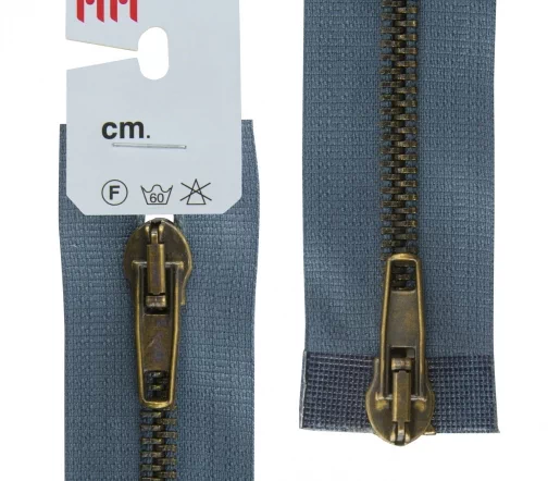 Молния RiRi металл разъём, 2 замка 5 мм 70 см, подвеска АТ, цепь антик медь, цвет 2122, серо-голубой