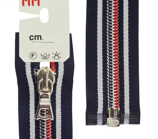 Молния RiRi спираль, репс, разъём., 1 замок 6 мм 75 см, подвеска B5, цепь Ni, т.синий/белый/красный