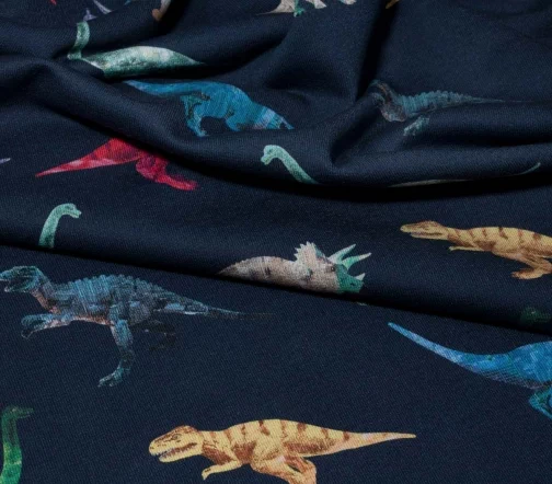 Футер двунитка Moschino "Цветные динозавры", фон темно-синий, 1102202