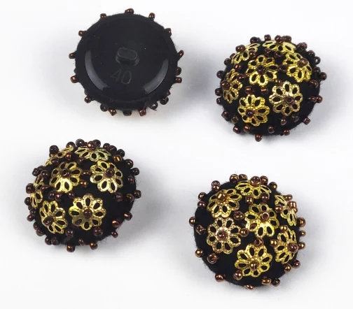 Пуговицы, Union Knopf, "Цветы бисер", на ножке, пластик/ткань/бисер/металл, цвет коричн, 28 мм