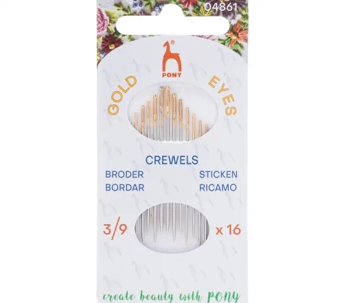 Иглы ручные для вышивания и шитья Crewels с золотым ушком, № 3-9, 16 шт., PONY 04861