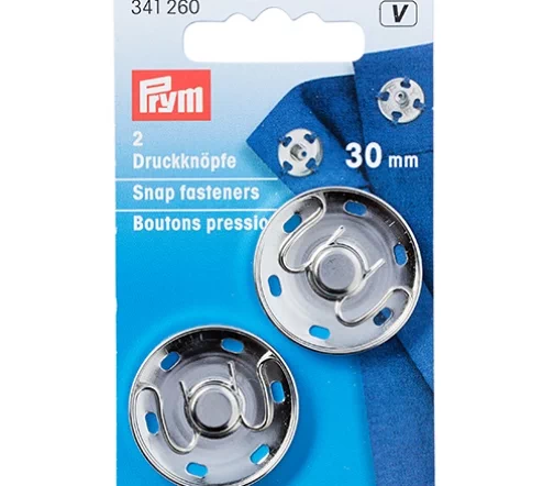 341260 Кнопки пришивные, латунь, цвет серебристый, 30 мм, 2 шт., Prym