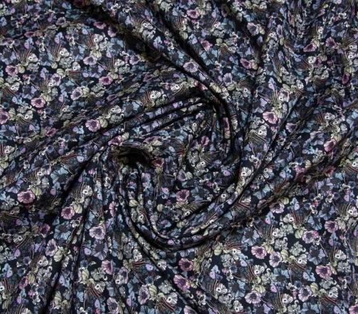 Сорочечный хлопок стрейч "Цветочки на черно-синем фоне", 1092309