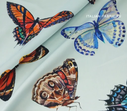 Сатин стрейч "Бабочки крупные", фон светло-бирюзовый, 16343-3