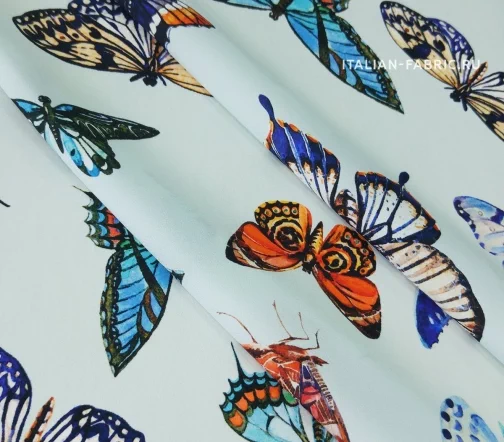 Шелк креповый "Бабочки мелкие", фон светло-бирюзовый, 16332-3