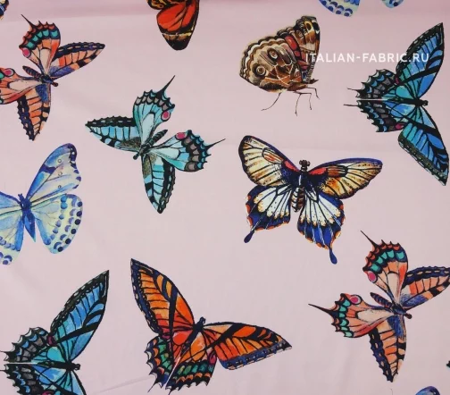 Сатин стрейч "Бабочки крупные", фон розовый, 16343-2