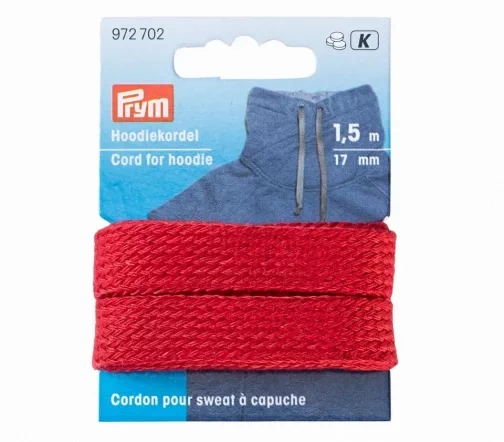 972702 Шнур для худи, ширина 17мм, красный, 1,5м, PRYM