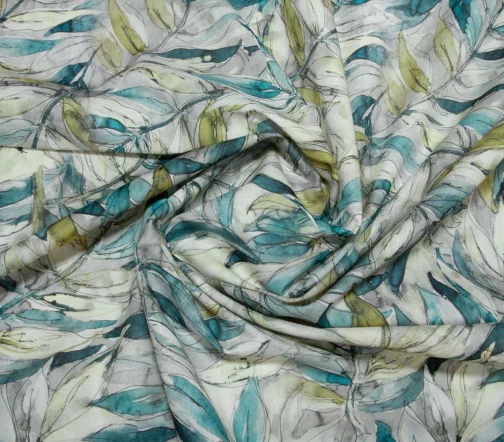 Батист хлопковый "Акварельные листья", цвет морская волна/серый, 1092308