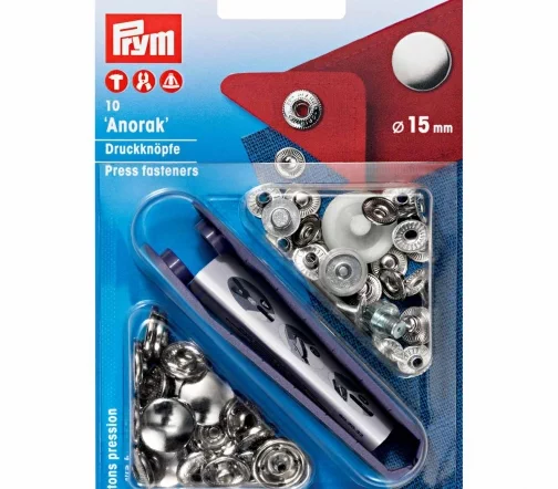 390301 Кнопки Аnorak, латунь, цвет серебристый, 15 мм, 10 шт, Prym