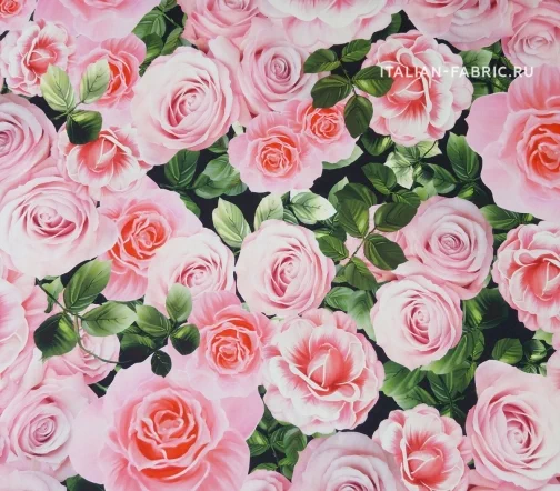 Шелк креповый "Розовые розы на черном фоне", 02145-2