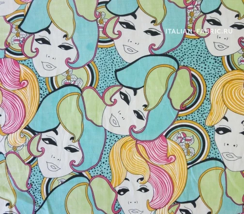 Батист "Лица", фон мятный, 00377-2