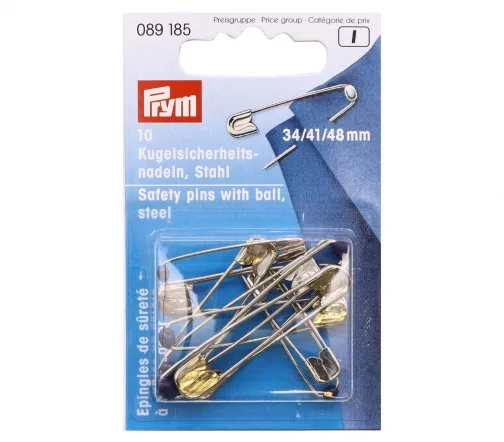 089185 Булавки английские с шариком (сталь) 1-3, 34/41/48 мм, серебристый цвет, 10 шт., Prym