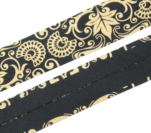 Косая бейка SAFISA с орнаментом, 30 мм, цвет 02, черный/золото