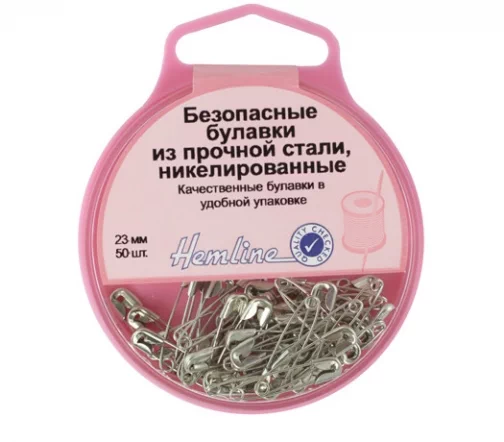 410.00 Булавки английские, в пластик.контейнере, металл, 23 мм, 50 шт., цвет никель, Hemline