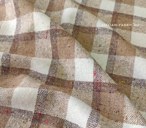 Твид костюмный в бежево-молочную клетку с вкраплениями, 1092004