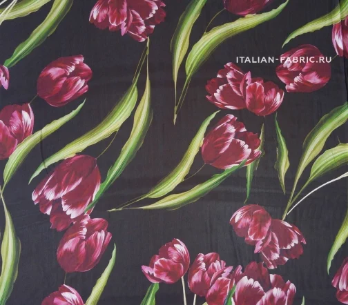Шифон (жоржет) "Бордовые тюльпаны", фон черный, 00797-1