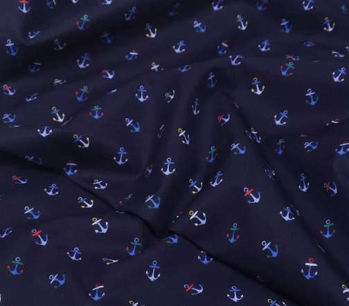 Сорочечный хлопок "Якорьки цветные", фон темно-синий, 1032212