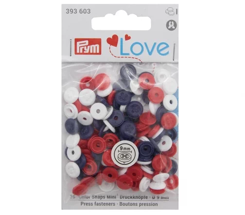 393603 Kнопки Color Snaps Mini "Имитация стежка" Prym Love, красн/бел/син, 9 мм, 36 шт, Prym