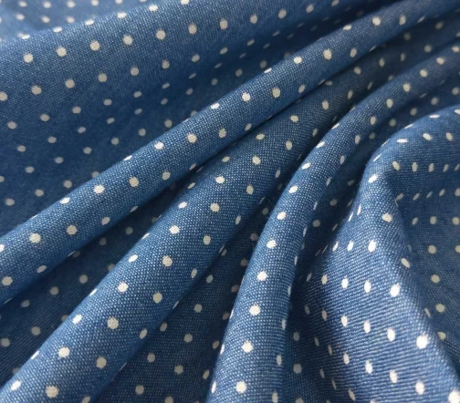 Джинсовая ткань в белый горошек, 01452