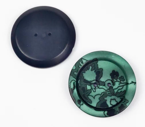 Пуговица, Union Knopf, "Цветочный орнамент", 2 отв., пластик, цвет зеленый, 34 мм