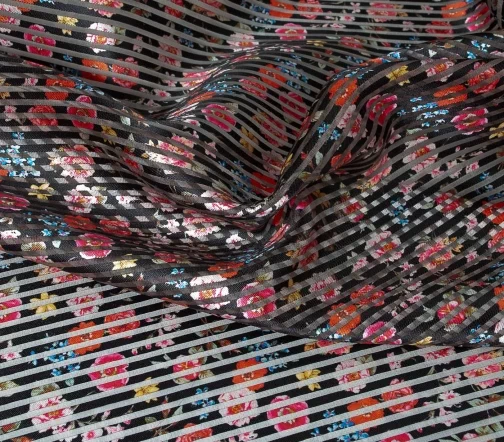 Органза деворе "Цветочки на черном и полосы", 01133-2