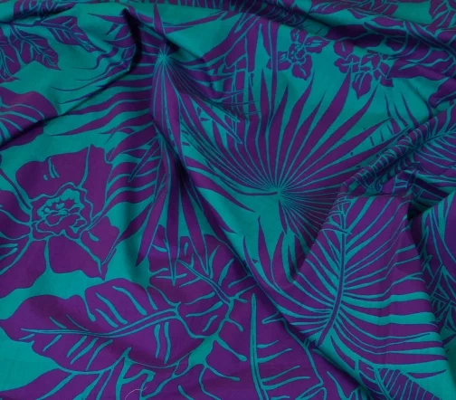Плательный хлопок "Фиолетовые листья на зеленом", 1032231