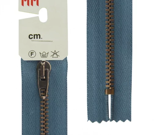 Молния RiRi металл неразъёмная, 4 мм 18 см, подвеска АТ, цепь антик медь, цвет 2122, серо-голубой